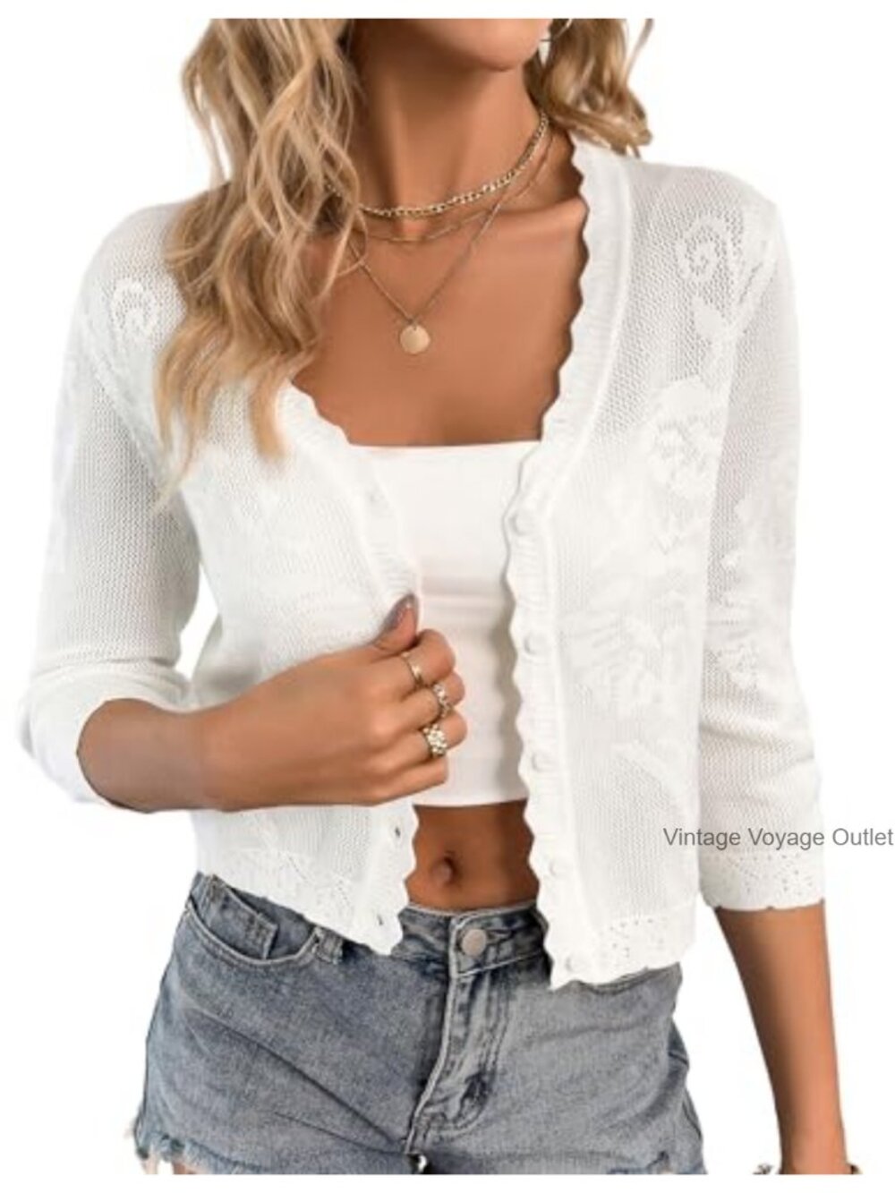 Women Cropped Cardigan Lightweight 3/4 Sleeve Button Up Crochet Shrug